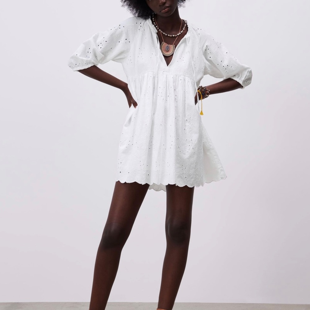 Zara Linen Blend Embroidered Eyelit Dress NWT